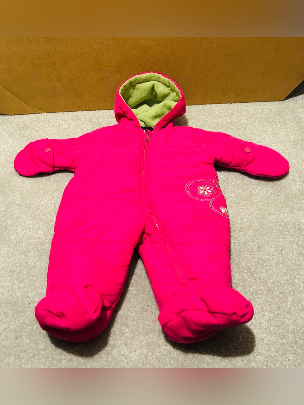 Faded Glory Hot Pink Hooded Baby Footed Snowsuit with Green Lining